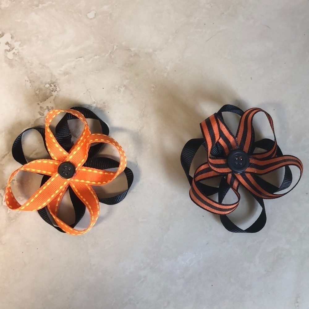 2/$15 - 2 Halloween Hair Clips Orange & Black Ribbon Bows Girls